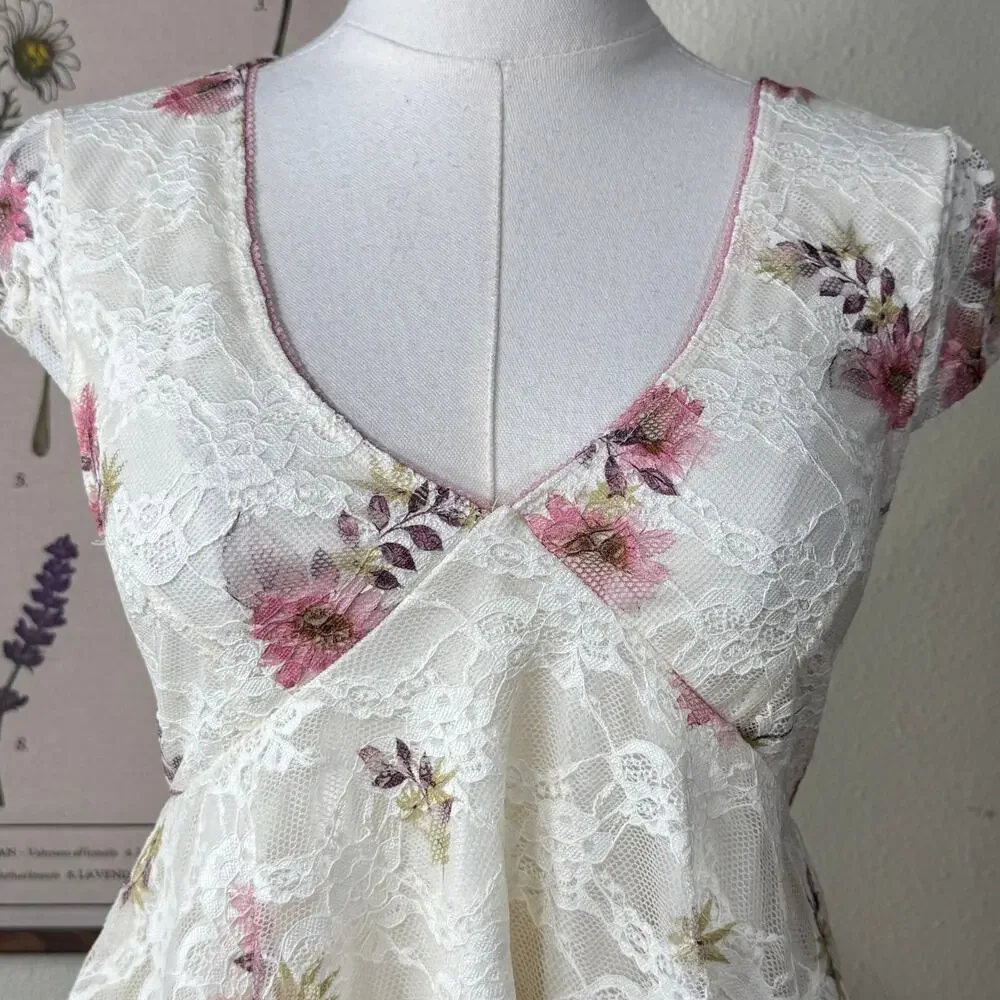 Floral Lace Babydoll Top Dolly Coquette Romantic Fairy Forest Femme Dainty S